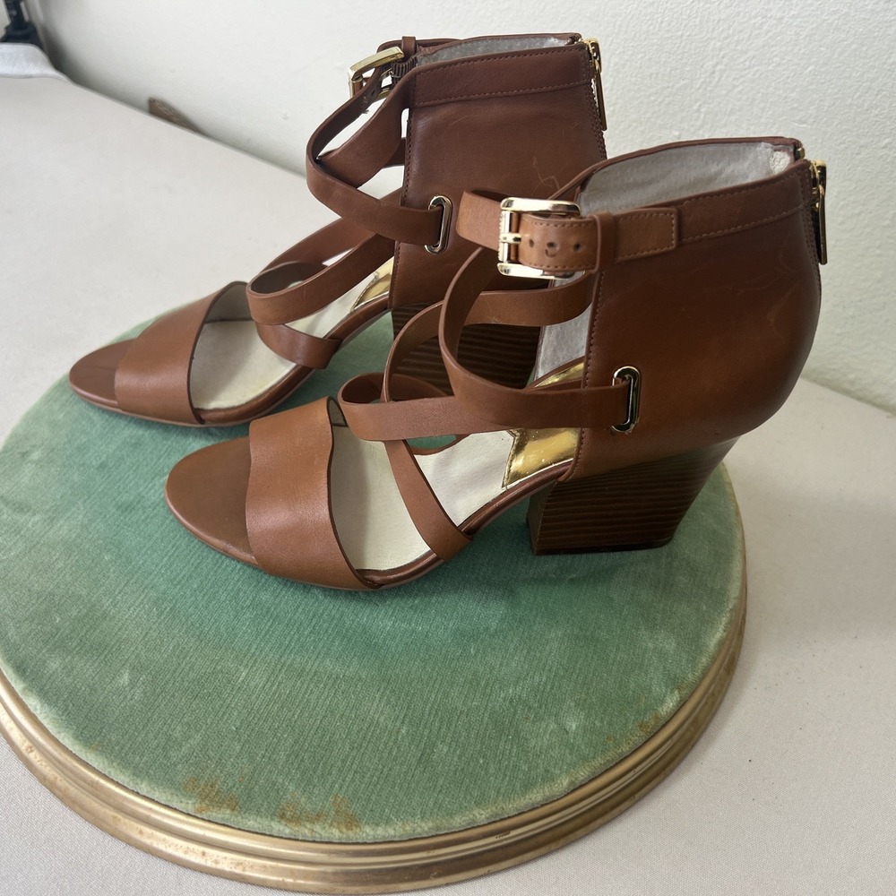 Michael Kors Brown Leather Strappy Block Heel Sandals